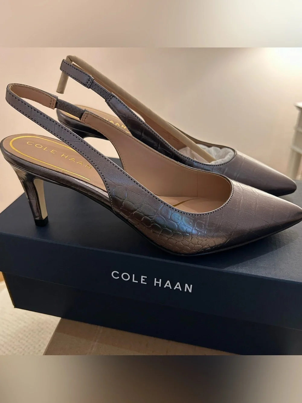 Cole Haan Vandam Silver Crocodile Slingback Heel Size 7 NWT